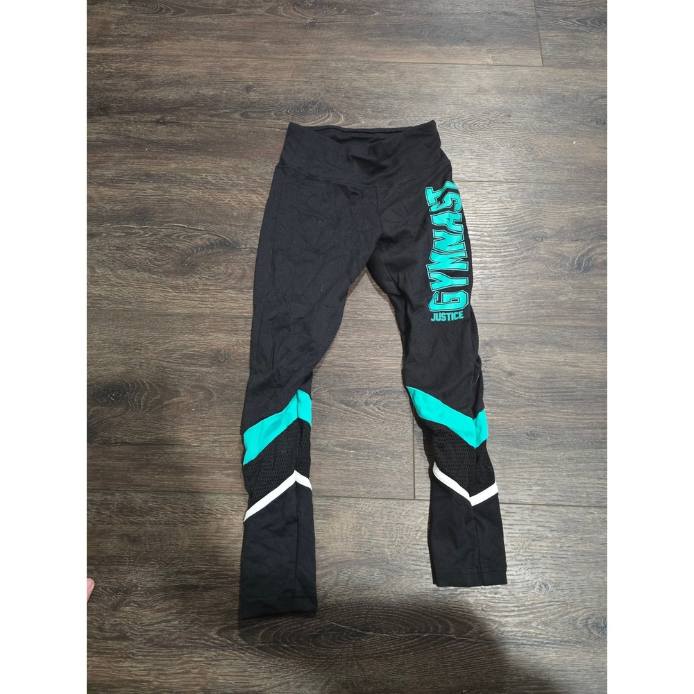 Justice Active Girls Black Gymnastics Leggings Teal Mesh Size 8 Gymnast Pants